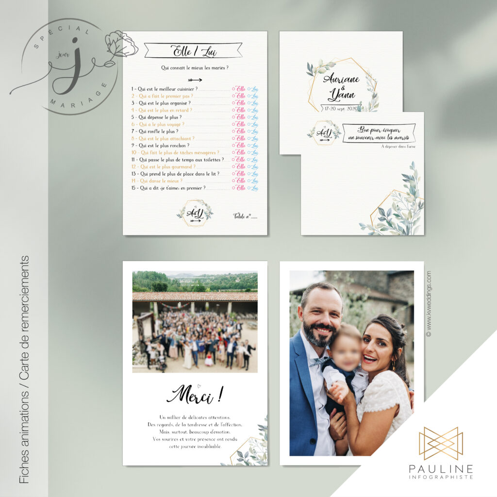 Visuel d'une fiche de jeu pour un mariage intitulée 'Elle / Lui', contenant une liste de questions pour les mariés, accompagnée d'une carte de remerciements pour Auriane et Yann, et d'une photo de famille avec un message de remerciement.