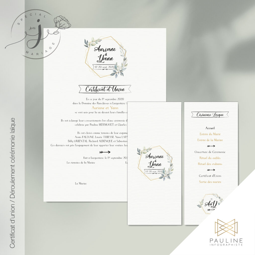 Visuel d'un certificat d'union laïque et du planning de cérémonie pour Auriane et Yann, incluant des détails sur les événements du mariage tels que l'accueil, la cérémonie laïque, le vin d'honneur, et le dîner, avec des illustrations florales et géométriques.