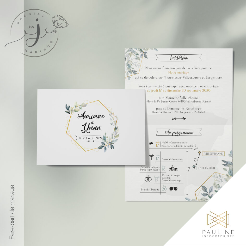 Visuel d'un faire-part de mariage pour Auriane et Yann, incluant une invitation détaillée avec des motifs floraux et une carte avec le programme de l'événement.