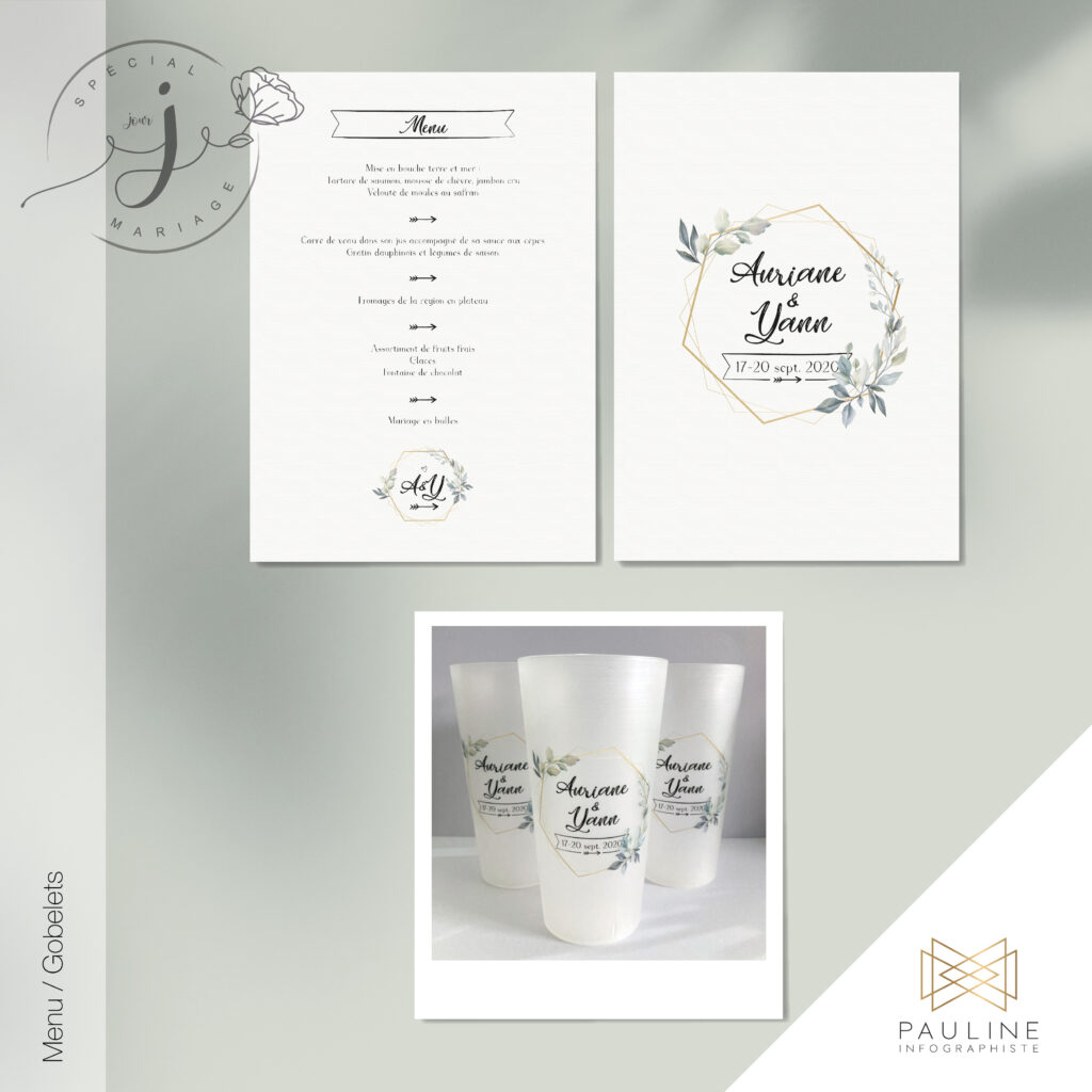 Visuel d'un menu de mariage et de gobelets personnalisés pour Auriane et Yann, prévus pour le 17 septembre 2020. Le menu inclut des détails sur les plats servis lors du vin d'honneur, du dîner, et du dessert, tandis que les gobelets sont décorés avec les noms des mariés et des motifs floraux.