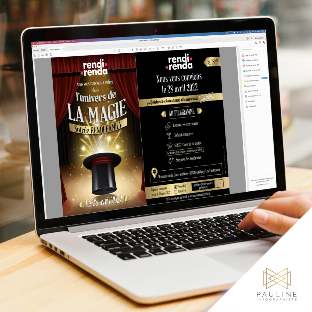 Visuel d'un ordinateur portable affichant une invitation en PDF interactif pour une soirée magique intitulée 'Rendi Renda' prévue le 28 avril 2022, avec des détails sur l'événement et le programme incluant un cocktail dinatoire, des animations, et des surprises, ainsi qu'une carte pour l'emplacement.