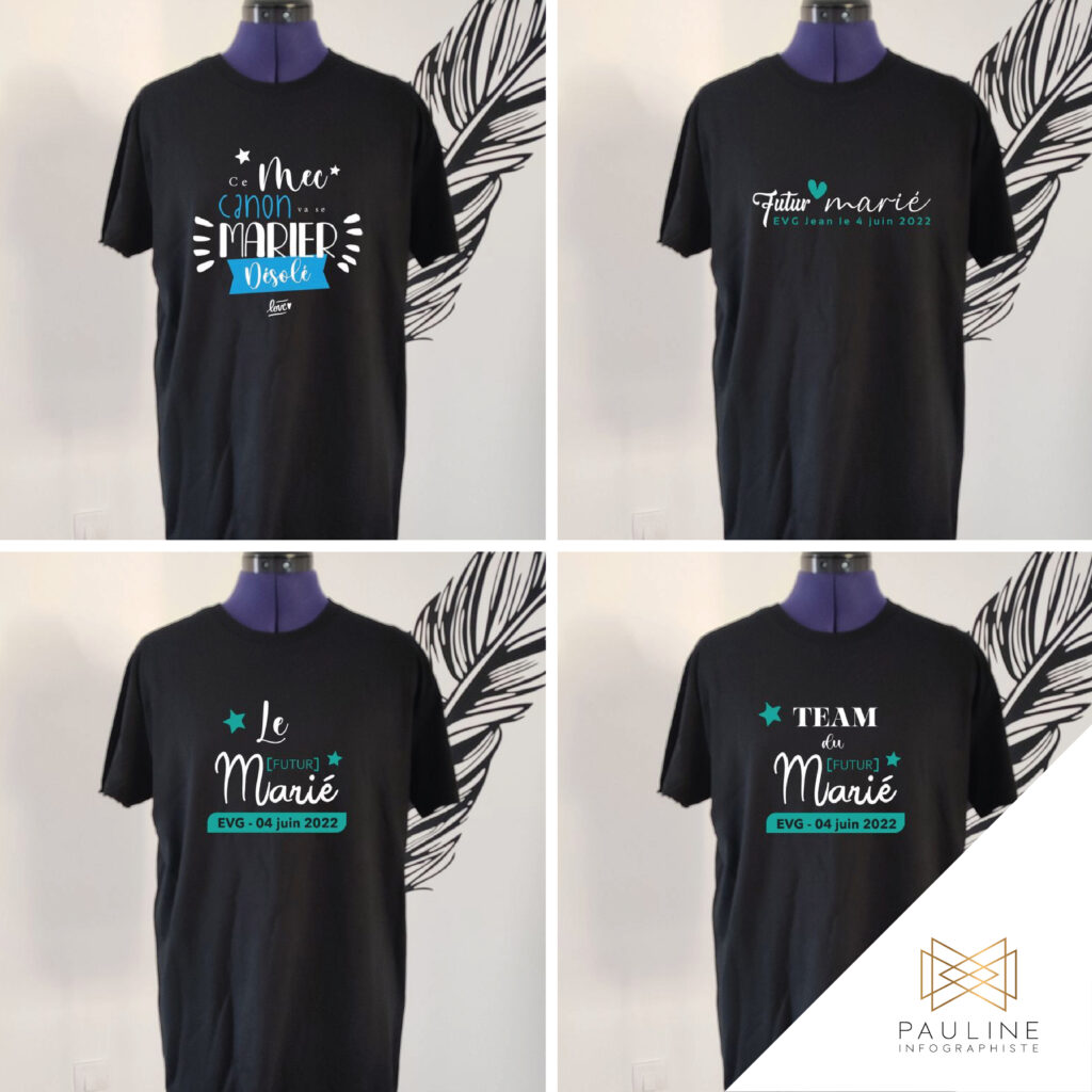 Visuel de quatre t-shirts noirs personnalisés pour un mariage, affichant des inscriptions telles que 'C'est ma sœur chérie, ma future mariée, Dorée', 'Le futur marié', 'Team du futur marié', et 'Futur marié', avec des détails sur la date du mariage le 04 juin 2022.