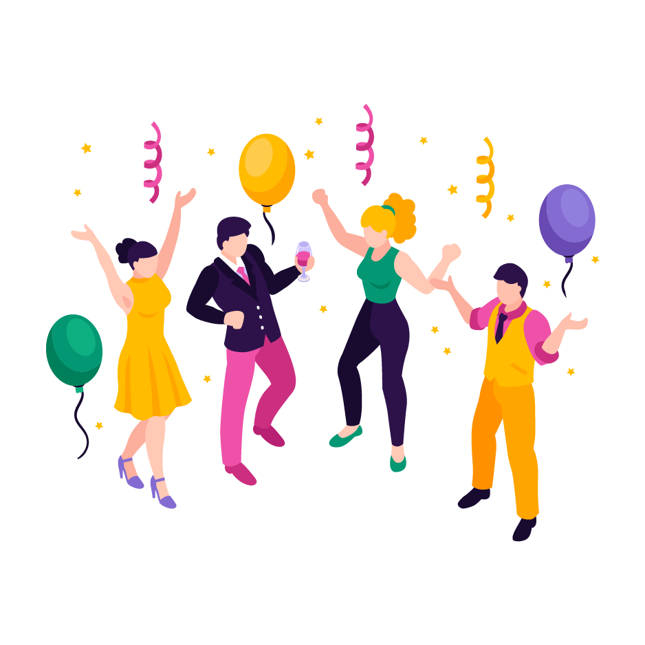 Illustration de quatre personnes dansant joyeusement avec des ballons de différentes couleurs et des confettis, symbolisant une célébration festive pour des supports événementiels.