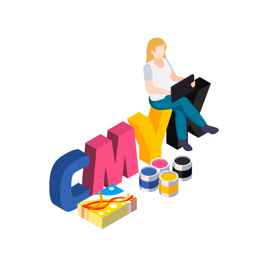 Illustration d'une femme assise sur des lettres CMYK avec un ordinateur portable, entourée de pots de peinture et d'un paquet cadeau, symbolisant le design graphique pour le print.