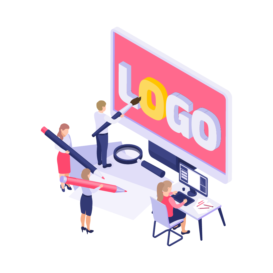 Illustration isométrique d'une équipe de designers travaillant sur la création d'un logo pour illustrer une identité visuelle. Un homme utilise un pinceau pour peindre le mot 'LOGO' sur un grand écran, tandis qu'une femme utilise un crayon géant. Une autre personne est assise à un bureau, travaillant sur un ordinateur.