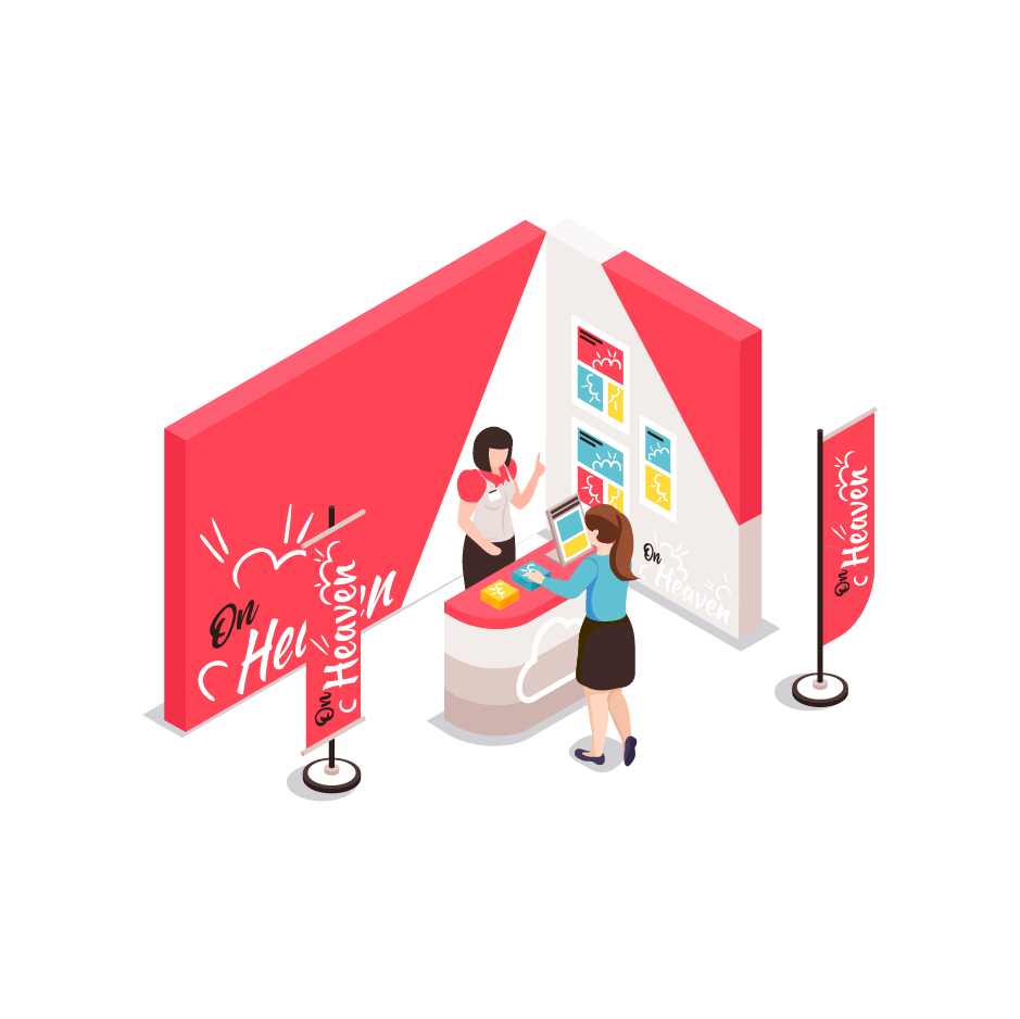 Illustration d'un stand d'exposition avec deux personnes interagissant, l'une derrière un comptoir avec un ordinateur et l'autre en face, discutant. Le stand est décoré avec des bannières et des écrans affichant des informations.