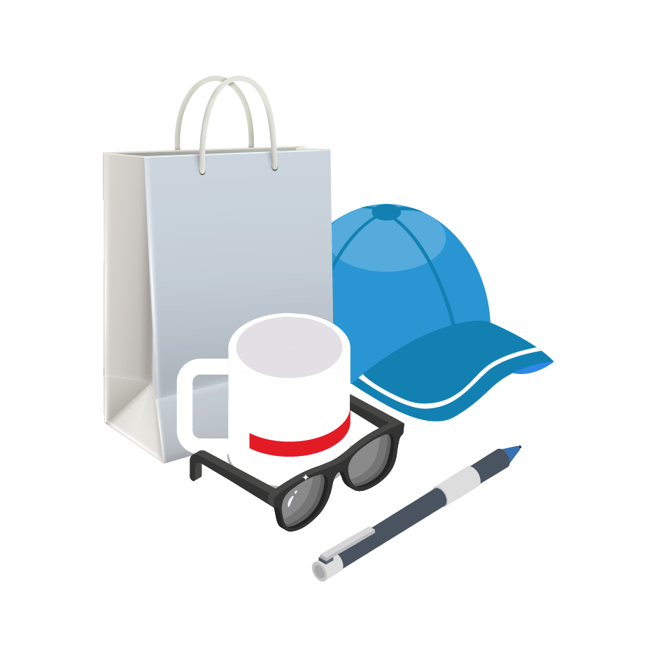 Illustration de divers goodies incluant un sac en papier, une casquette bleue, une tasse blanche avec une bande rouge, des lunettes de soleil et un stylo, utilisés pour la promotion d'une marque ou d'un événement.