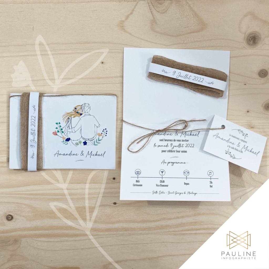 Visuel d'un faire-part de mariage pour Amandine et Michael, prévu le samedi 9 juillet 2022, avec une illustration d'un couple et des détails sur le programme de la cérémonie et de la réception.