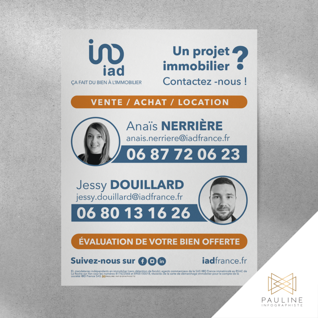 Affiche grand format pour iad France, une agence immobilière, présentant deux agents, Anaïs Nerrière et Jessy Douillard, avec leurs informations de contact respectives et une invitation à évaluer gratuitement son bien immobilier.
