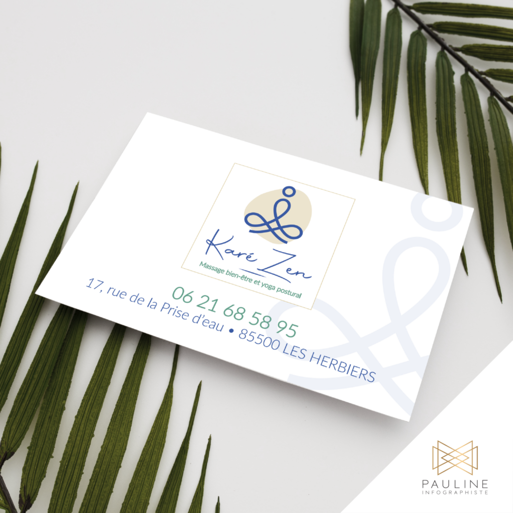 Carte de visite pour Karé Zen, spécialisée en massage bien-être et yoga postural, affichant le logo de l'entreprise.