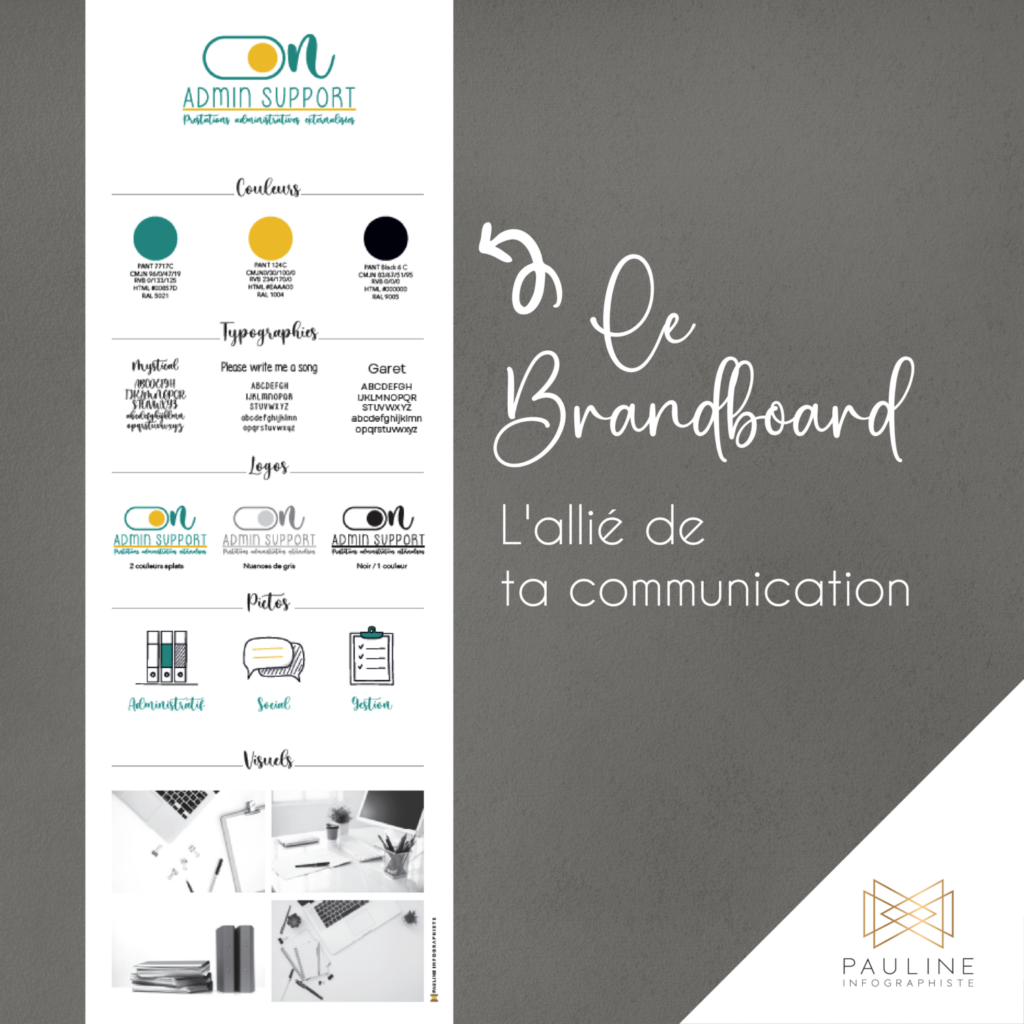 Visuel d'un brandboard pour 'Admin Support' montrant les couleurs, typographies, logos, motifs et visuels utilisés dans l'identité visuelle, intitulé 'Le Brandboard : L'allié de ta communication'.