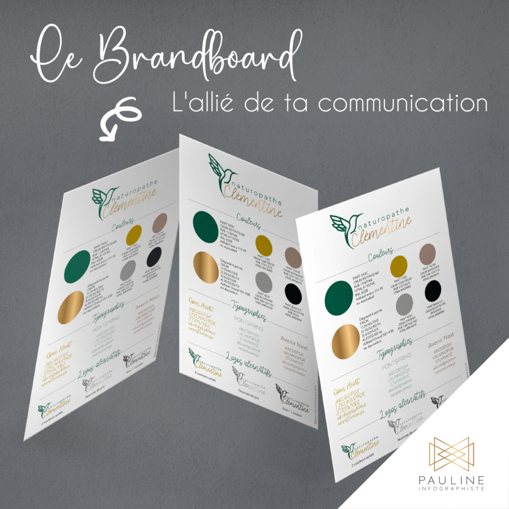 Visuel de trois brandboards pour 'Naturopathe Clémentine', affichant les couleurs, typographies et éléments de design utilisés dans l'identité visuelle, intitulé 'Le Brandboard : L'allié de ta communication'.