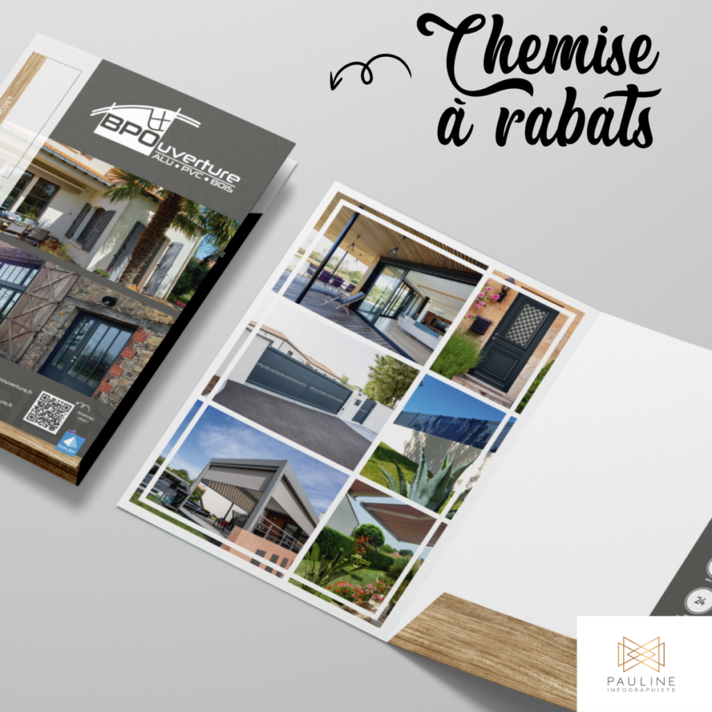 Visuel d'une brochure pour une entreprise spécialisée dans les menuiseries extérieures, intitulée 'Chemise à rabats', présentant des images de différents projets de portes et fenêtres.