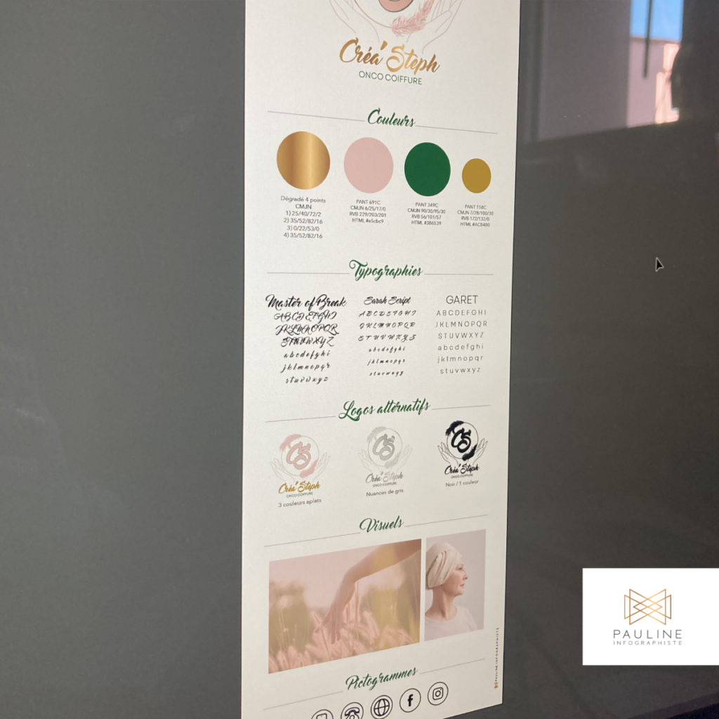 Visuel d'un brandboard pour 'Créa Steph' montrant les couleurs, typographies, logos alternatifs et visuels utilisés dans l'identité visuelle.