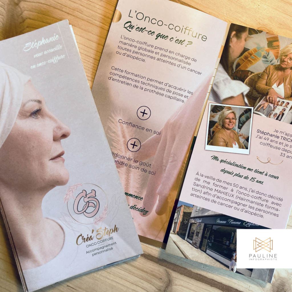 Visuel de flyers pour Stéphanie, une spécialiste en onco-coiffure, présentant des informations sur les services de soins capillaires pour les personnes atteintes de cancer, avec des témoignages et des images de ses prestations.