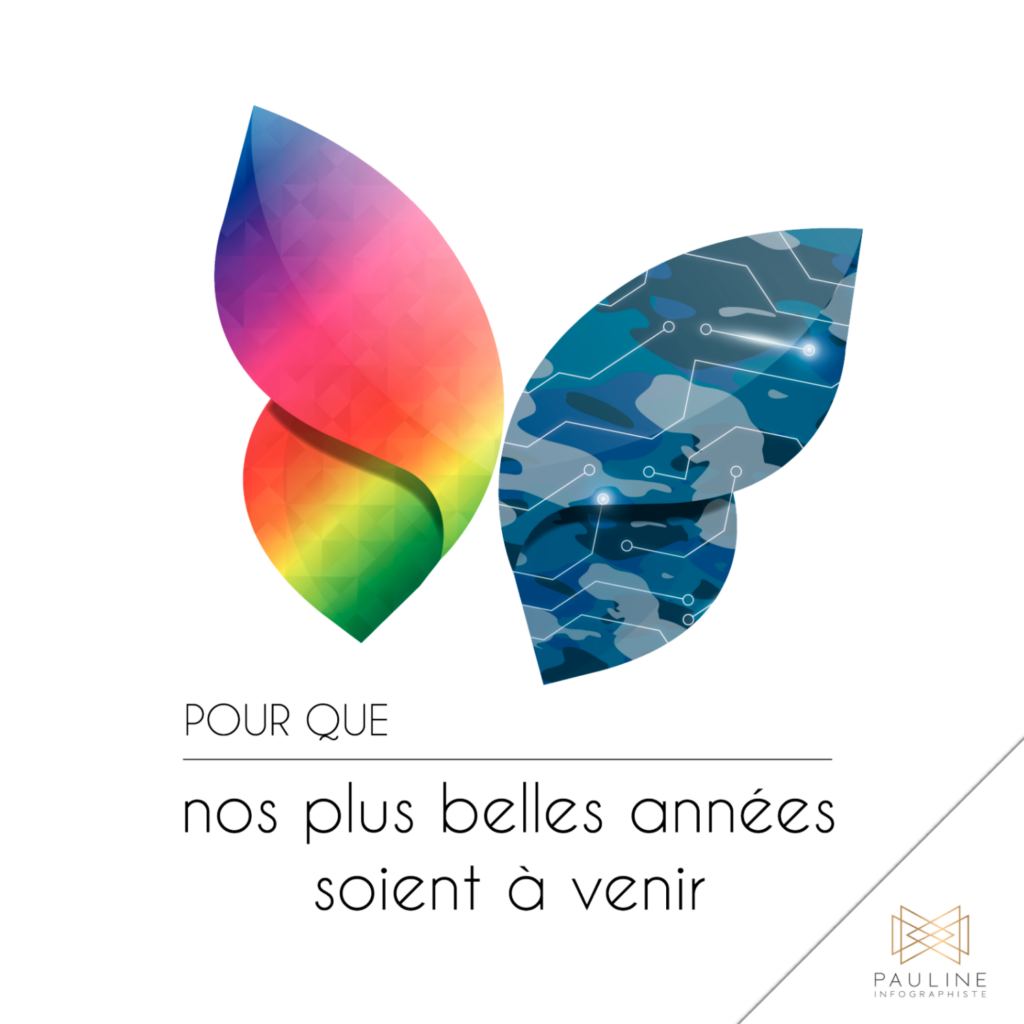 Logo représentant un papillon stylisé avec une aile multicolore et l'autre aile en motif camouflage bleu, accompagné du texte 'Pour que nos plus belles années soient à venir'.
