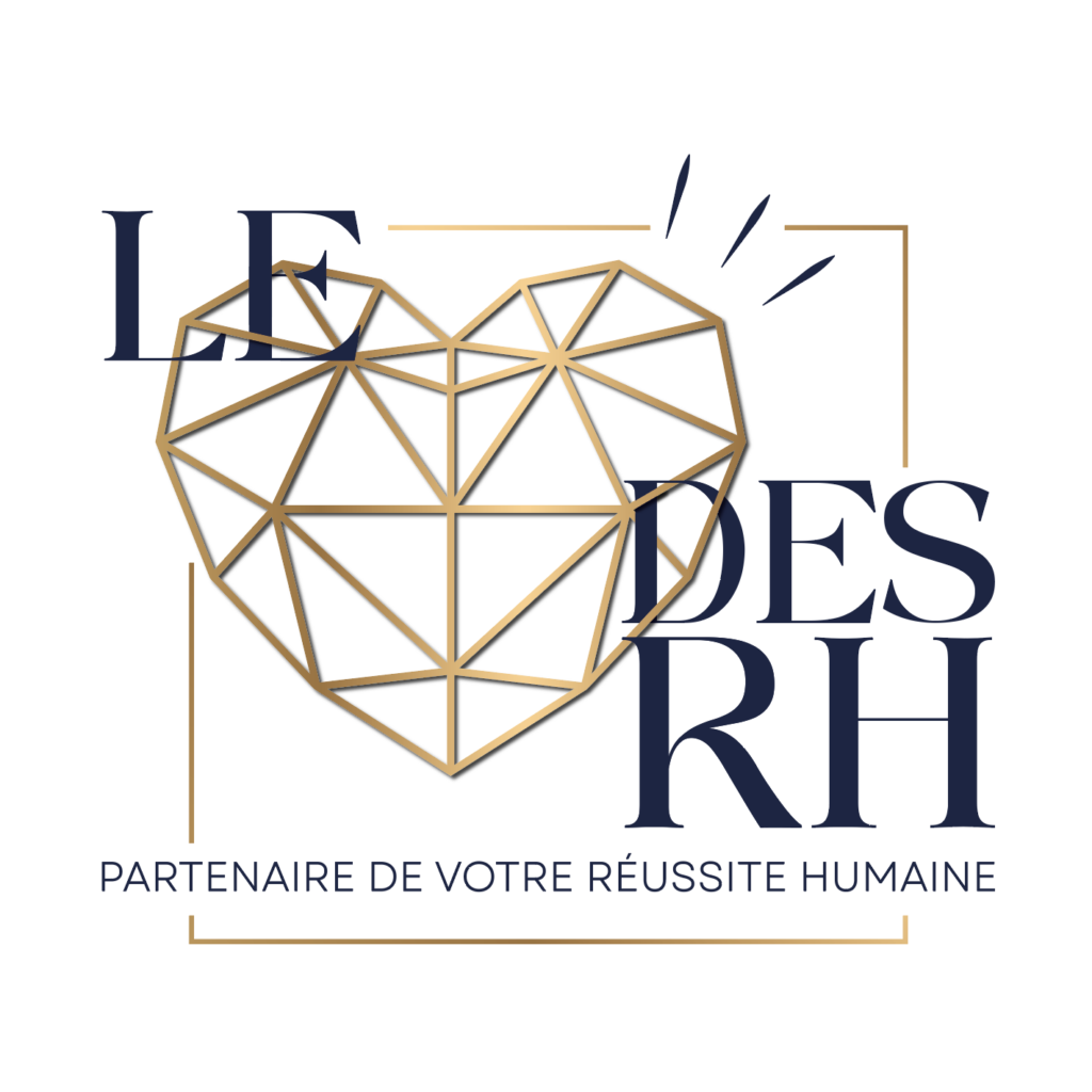 Logo de l'entreprise 'Le Des RH' représentant un cœur géométrique doré, symbolisant l'humanité et le partenariat, avec le slogan 'Partenaire de votre réussite humaine' en dessous.