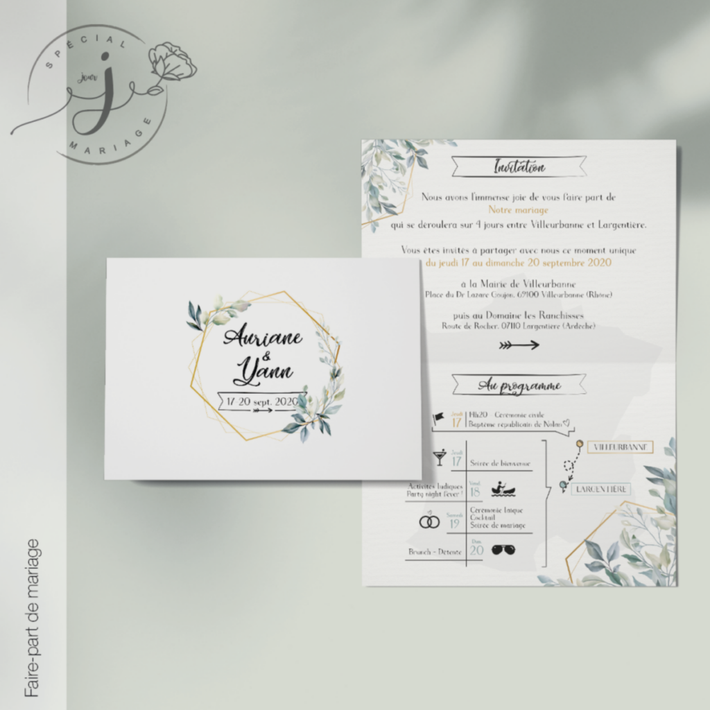 Visuel d'un faire-part de mariage pour Auriane et Yann, prévu le 17 septembre 2020. L'invitation inclut des détails sur la cérémonie à la Mairie de Villeurbanne et la réception au Domaine des Ranchoisses à Lorgues, avec un programme détaillé des événements de la journée.