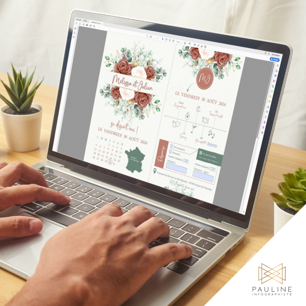 Visuel d'un ordinateur portable affichant un faire-part de mariage interactif en PDF pour Mélissa et Julien, avec des détails sur leur mariage prévu le vendredi 30 août 2024, incluant des illustrations florales et une carte de France.