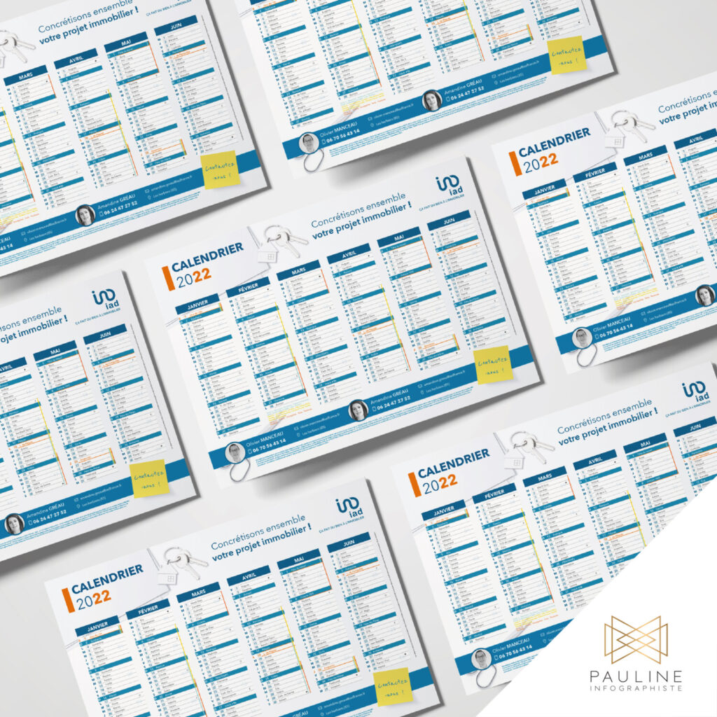 Visuel de calendriers pour l'année 2022, affichant des illustrations de lunettes et le texte 'Calendrier 2022', avec des informations sur le conseiller immobilier iad.