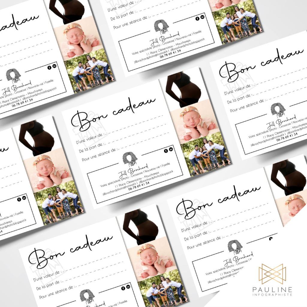 Visuel de plusieurs cartes cadeaux pour des séances photo avec Jill Brochard, spécialisée dans les photos de grossesse, nouveau-né et famille, affichant des illustrations et des espaces pour personnaliser la valeur et l'expéditeur du cadeau.