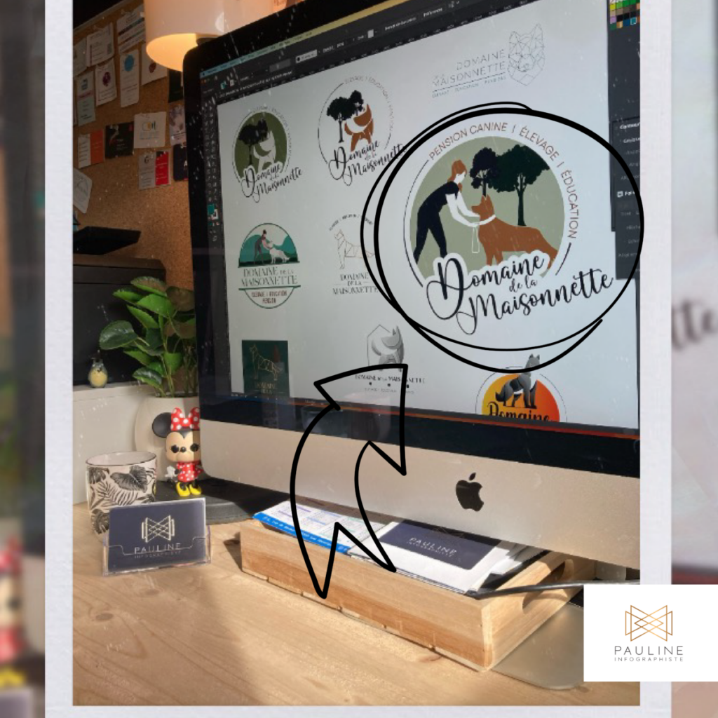 Écran d'ordinateur affichant différentes versions du logo pour 'Domaine de la Maisonnette', mettant en avant le design et les variations du logo pour une pension canine et un élevage.