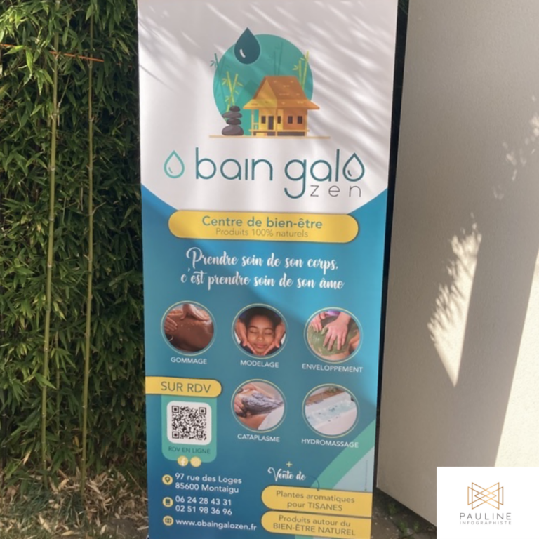 Visuel d'un roll-up kakémono pour O Bain Galo Zen, un centre de bien-être, présentant des services de gommage, modelage, enveloppement, cataplasme et hydromassage, avec des illustrations et des informations de contact incluant une adresse, un numéro de téléphone et un site web.