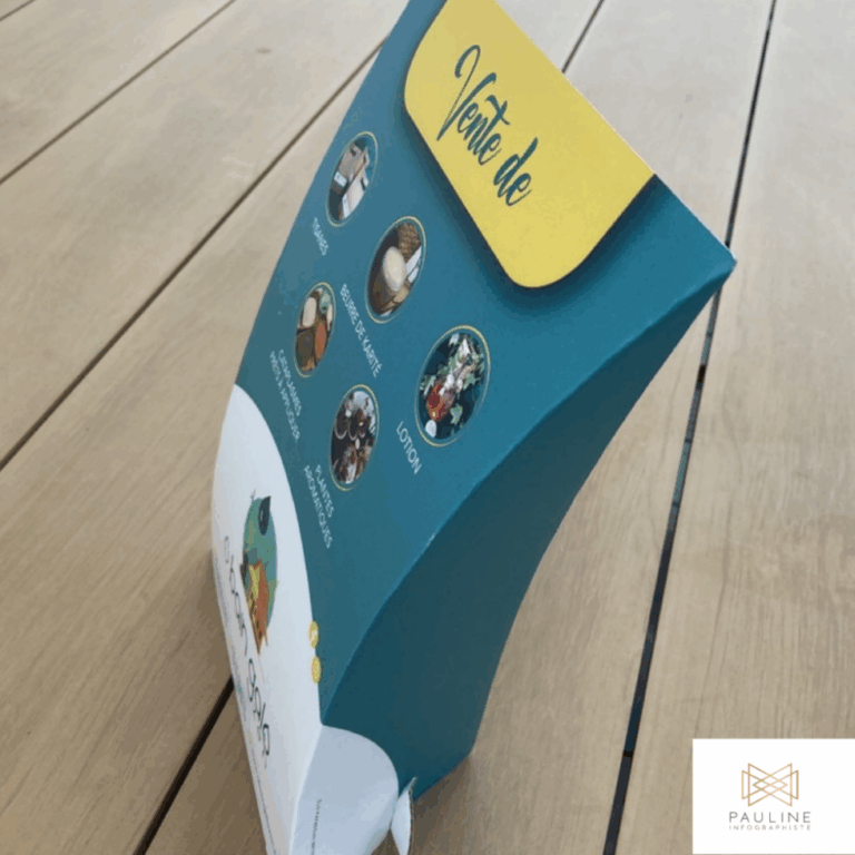 Visuel d'un présentoir A4 pour la vente de produits, avec un design bleu et jaune, incluant des images de différents articles ou services et une étiquette 'Vente de' en haut à droite.