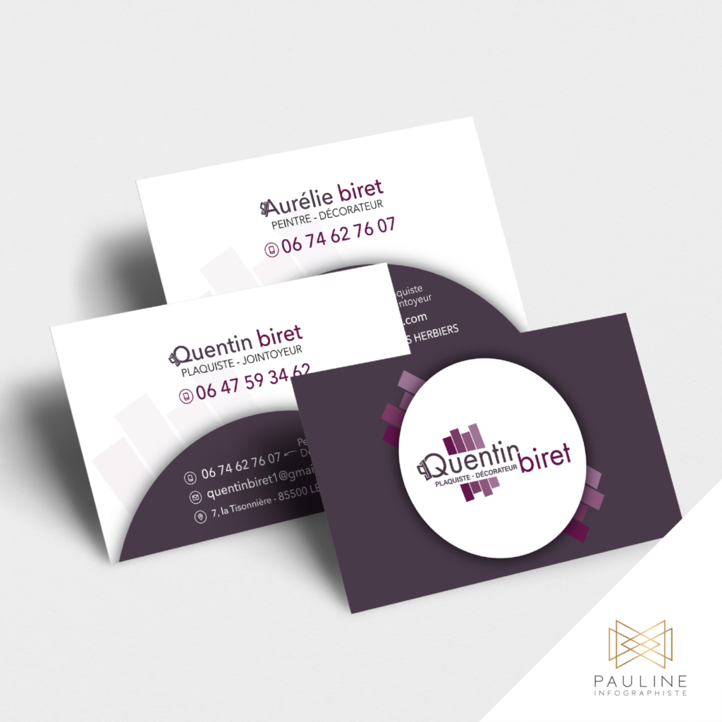 Visuel de cartes de visite pour Aurélie Biret, peintre-décorateur, et Quentin Biret, plaquiste-peintre, affichant leurs informations de contact et le logo de leur entreprise 'Quentin Biret'.