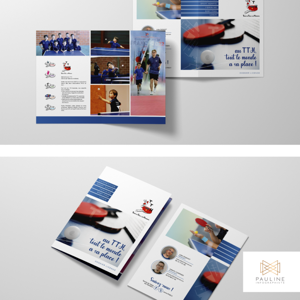 Visuel d'une brochure pour un club de tennis de table, affichant des images d'entraînement et de compétition avec le slogan 'Au TTH, tout le monde a sa place !' et des informations sur les activités et les membres du club.