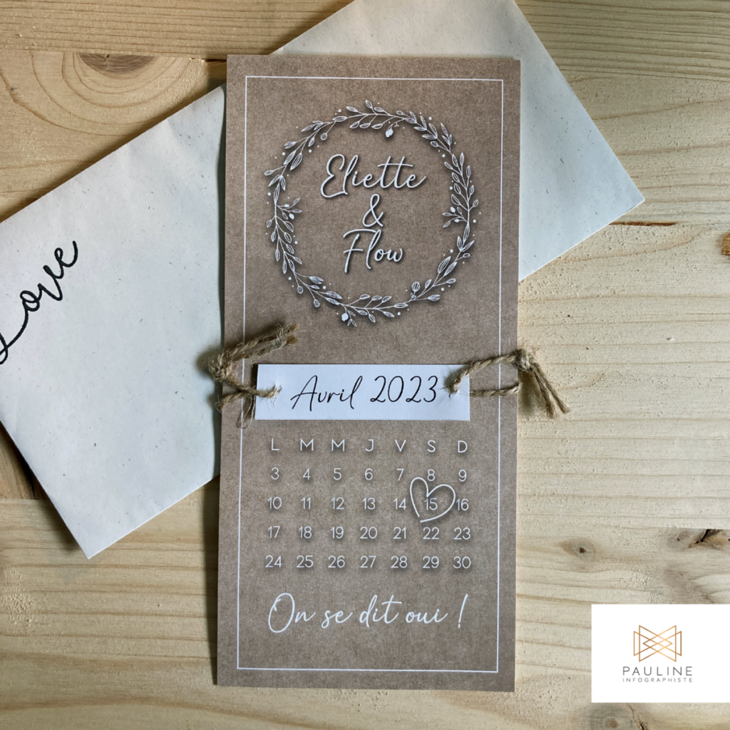Visuel d'un faire-part de mariage personnalisé sous forme de calendrier pour avril 2023, décoré avec une couronne de feuilles et les noms 'Eliette & Flow', accompagné d'une étiquette 'On se dit oui !'.