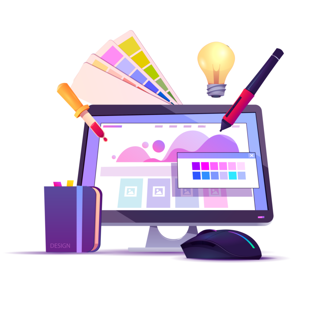 Écran d'ordinateur affichant des ébauches de site internet avec des outils de design comme un nuancier de couleurs, un stylo et une ampoule allumée, symbolisant la création et l'inspiration.