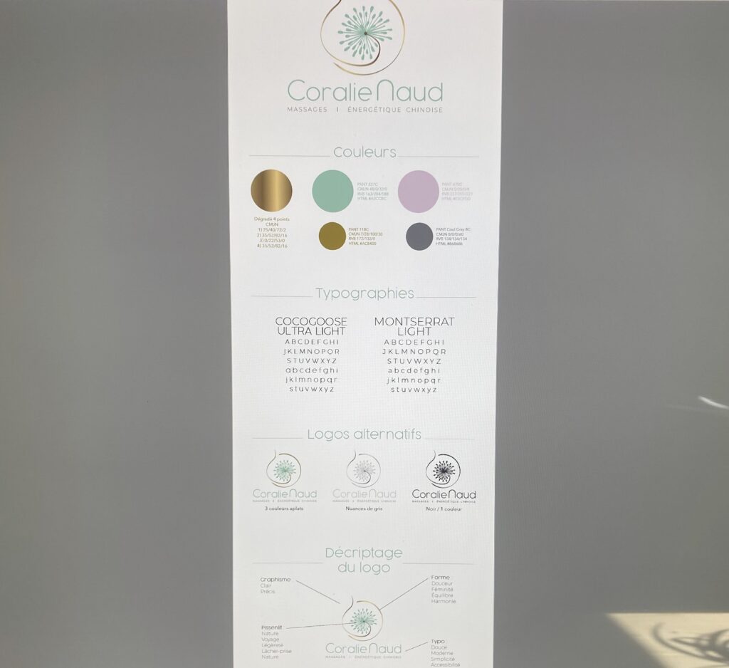 Brandboard pour Coralie Naud, massages et énergétique chinoise, présentant les couleurs, typographies, logos alternatifs et une description détaillée du logo.