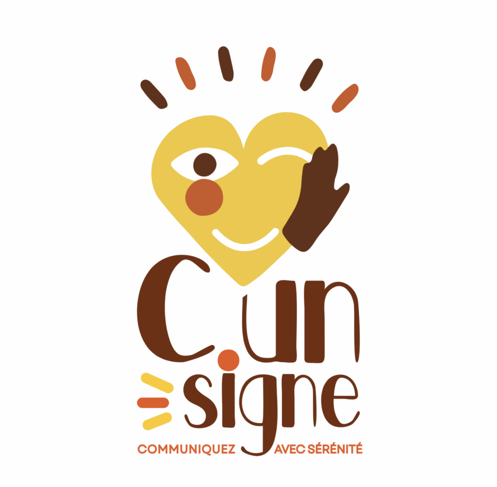 Logo coloré pour 'Cun Signe' avec un visage souriant en forme de cœur, une main levée et des rayons de soleil au-dessus, accompagné du slogan 'Communiquez avec sérénité' en lettres cursives.